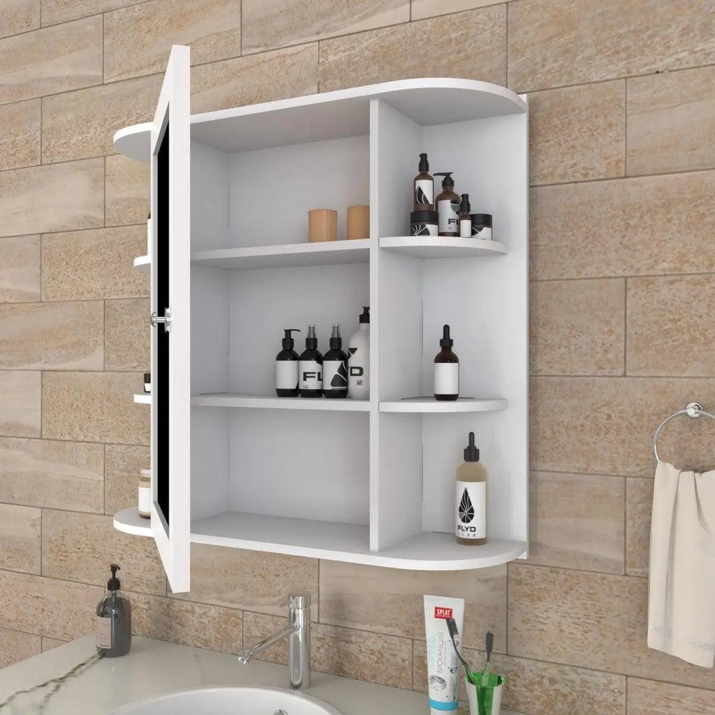 Modern Wooden Bathroom Cabinet Mirror with 10 Spacious Shelves with White Finish - Decor Mantra 