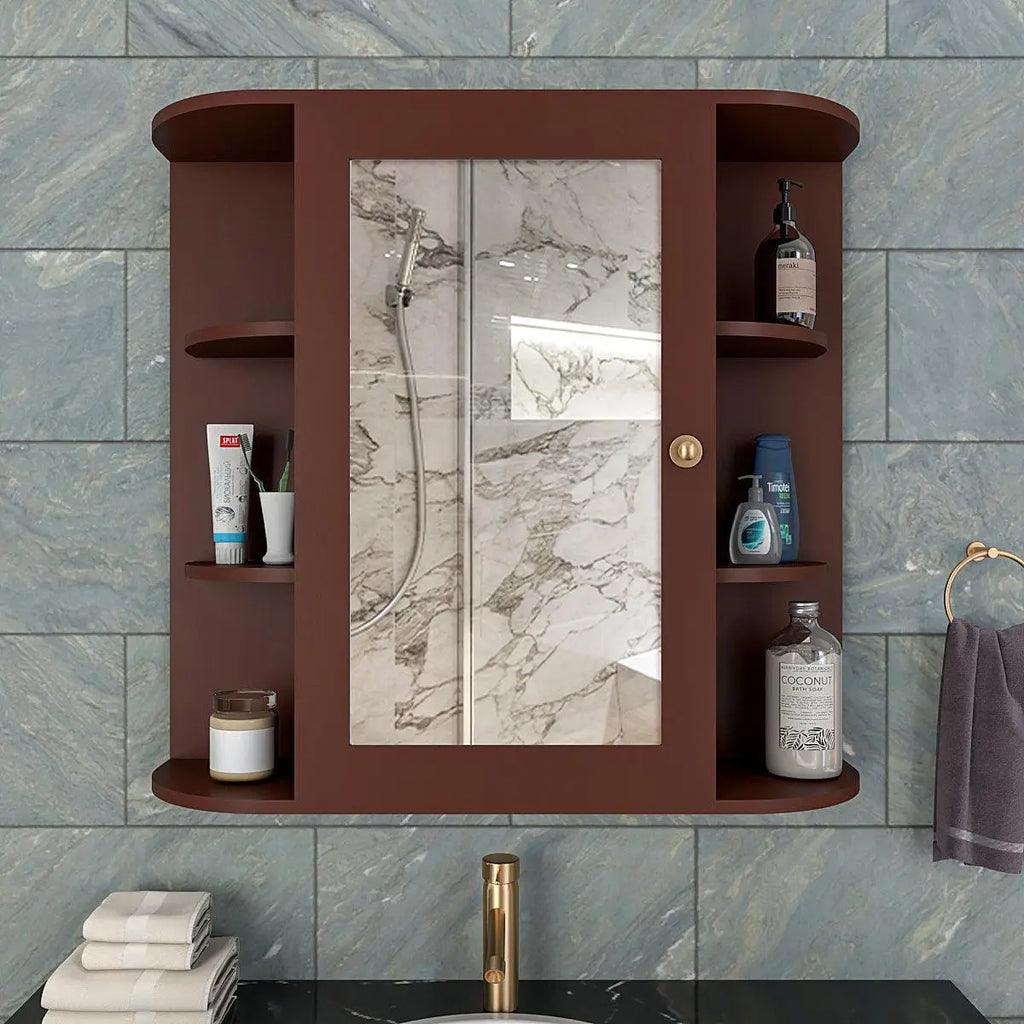 Designer Wooden Bathroom Cabinet Mirror with 10 Spacious Shelves with Brown Finish - Decor Mantra 