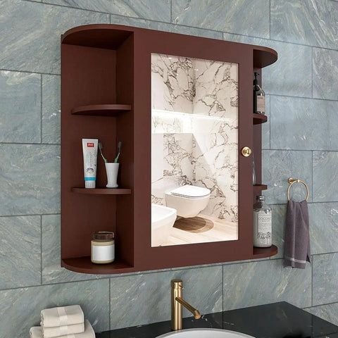 Designer Wooden Bathroom Cabinet Mirror with 10 Spacious Shelves with Brown Finish - Decor Mantra 