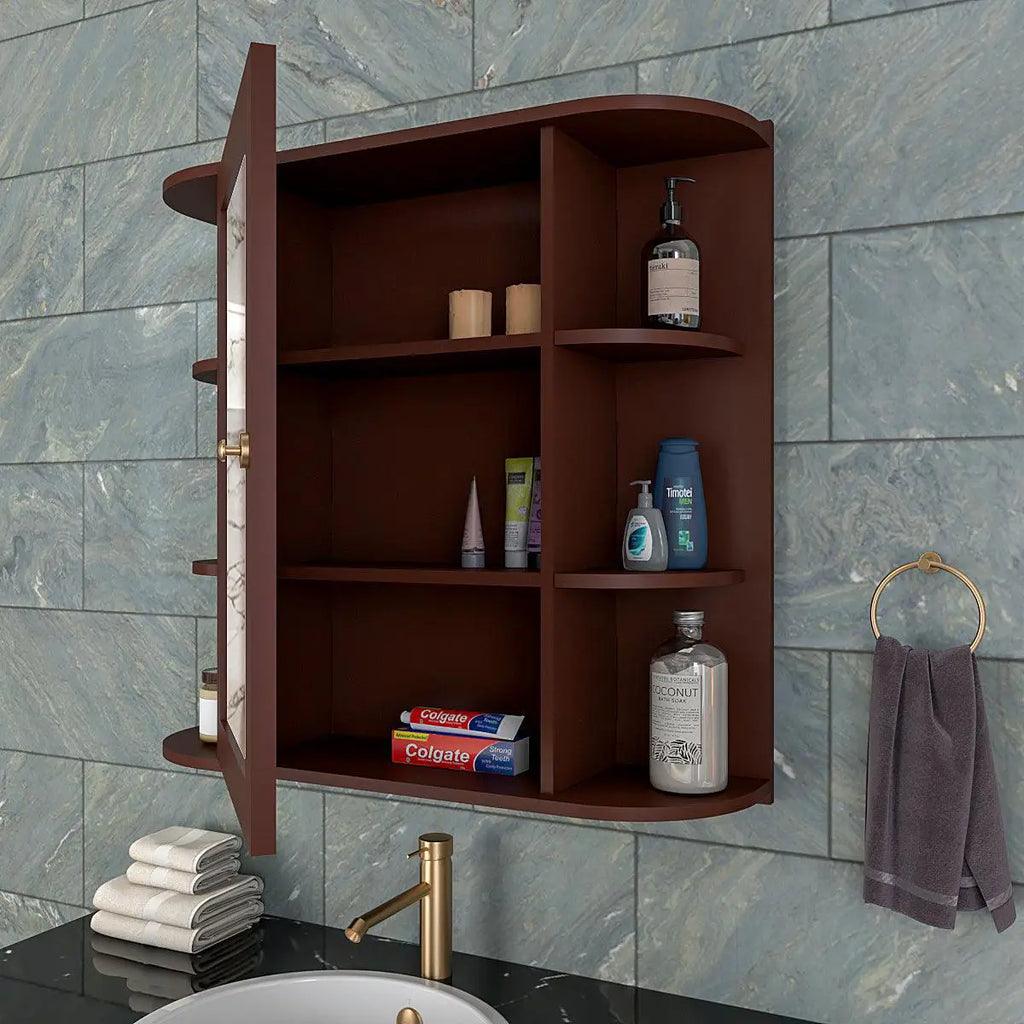Designer Wooden Bathroom Cabinet Mirror with 10 Spacious Shelves with Brown Finish - Decor Mantra 