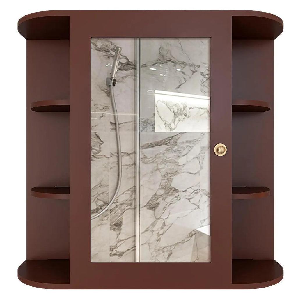 Designer Wooden Bathroom Cabinet Mirror with 10 Spacious Shelves with Brown Finish - Decor Mantra 