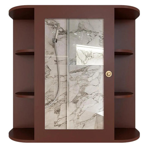 Designer Wooden Bathroom Cabinet Mirror with 10 Spacious Shelves with Brown Finish - Decor Mantra 