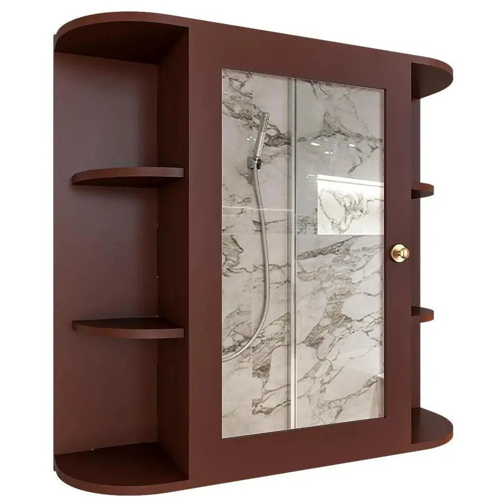 Designer Wooden Bathroom Cabinet Mirror with 10 Spacious Shelves with Brown Finish - Decor Mantra 