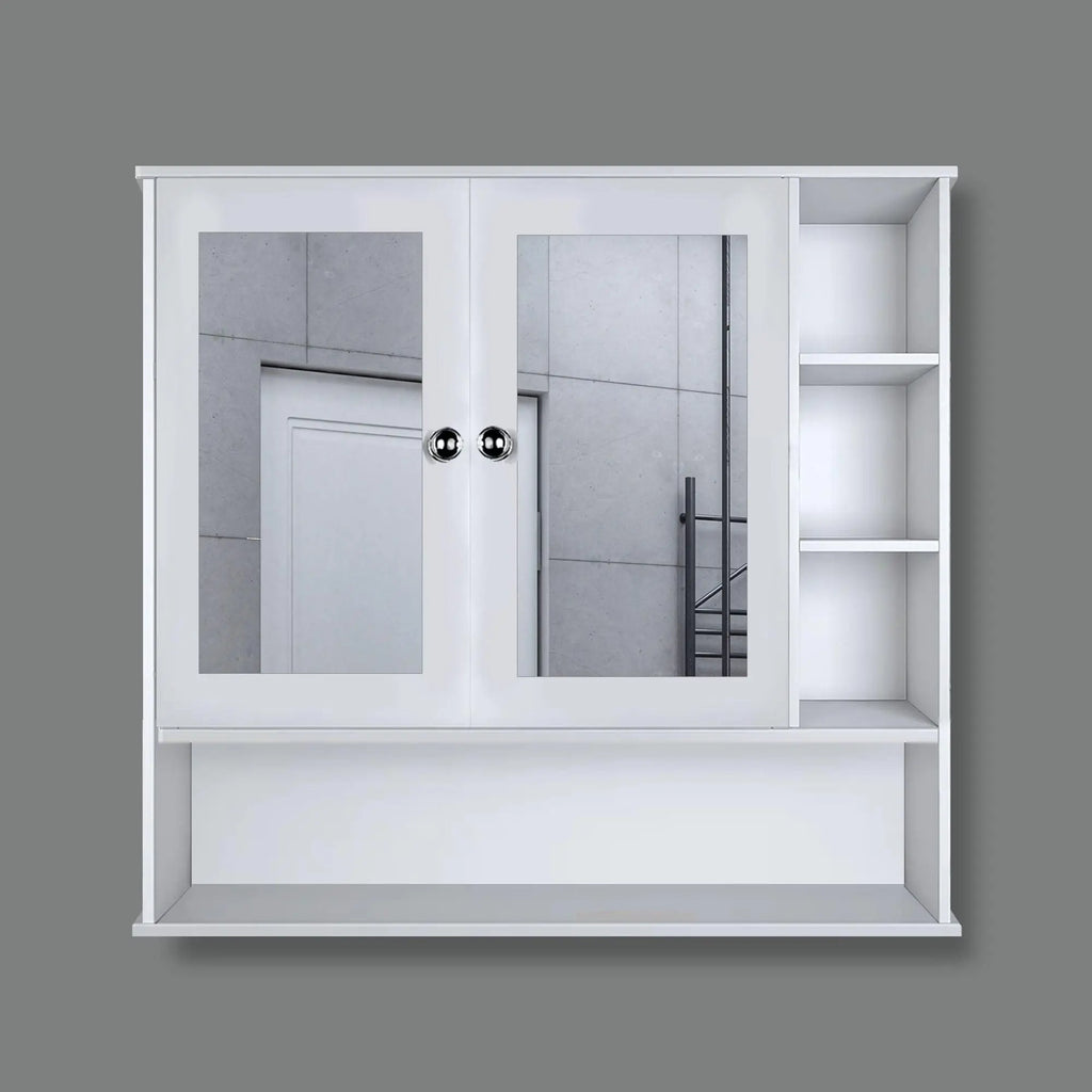 Premium Space Saving Bathroom Mirror Cabinet with 6 Spacious Shelves with Wooden White Finish - Decor Mantra 