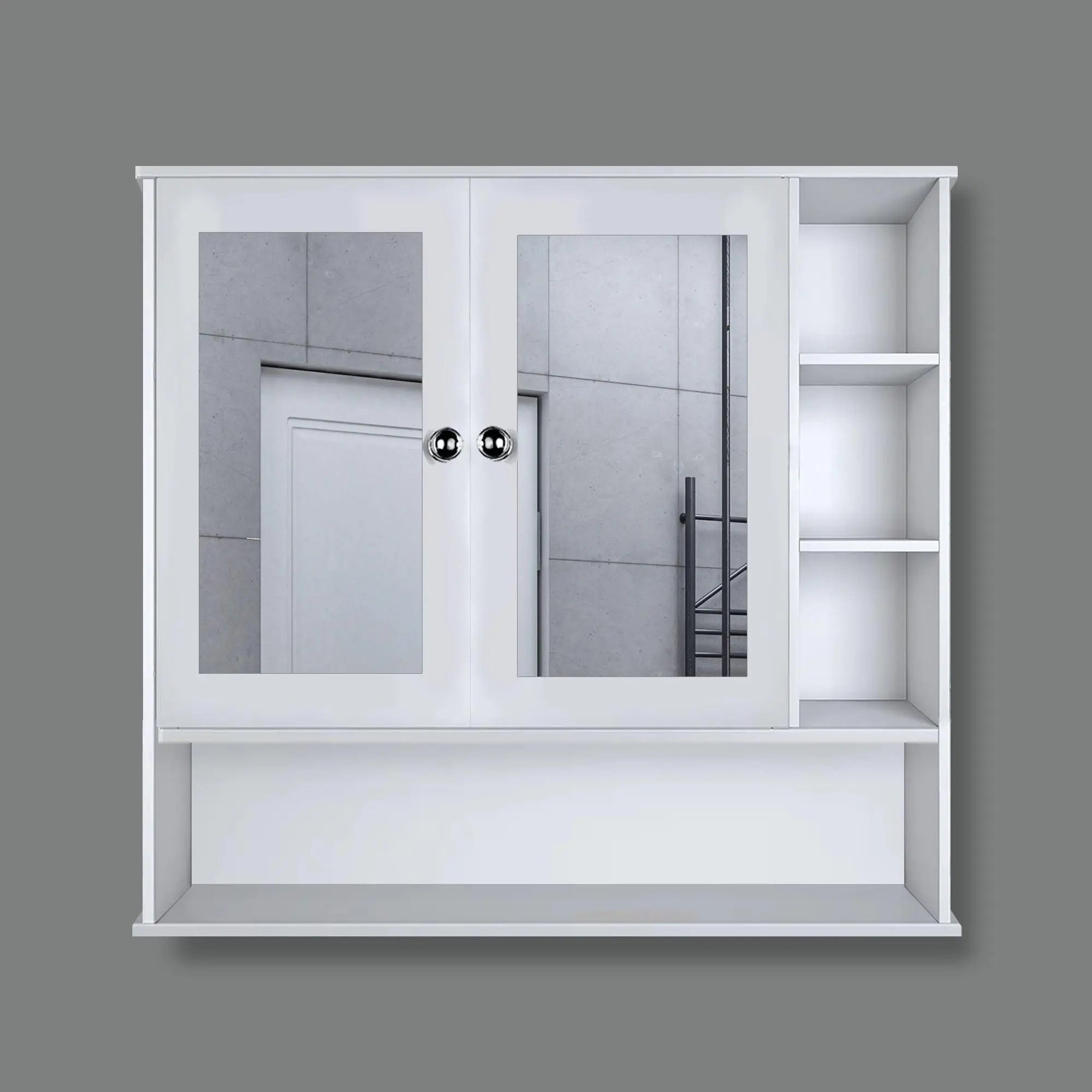 Premium Space Saving Bathroom Mirror Cabinet with 6 Spacious Shelves with Wooden White Finish - Decor Mantra 