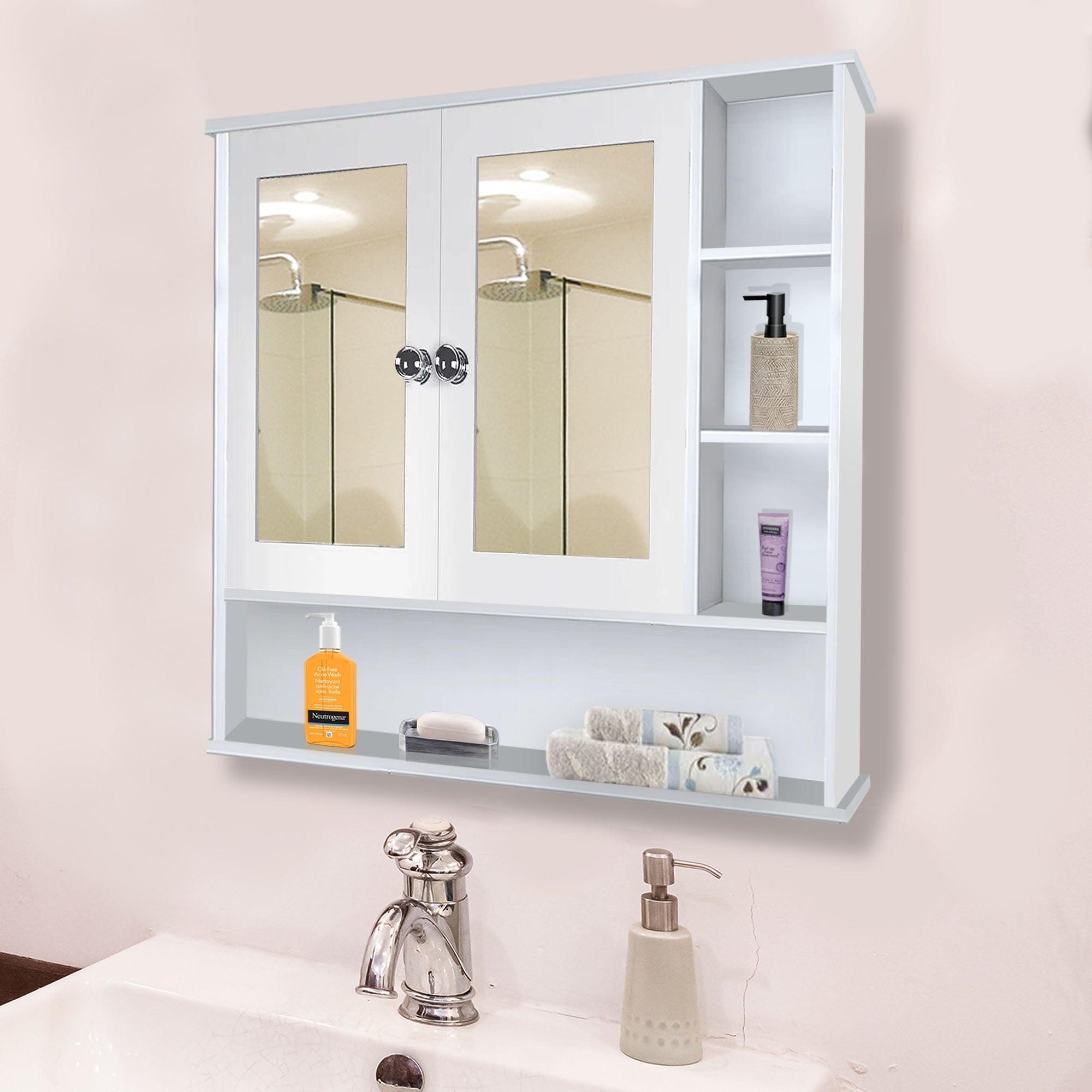 Premium Space Saving Bathroom Mirror Cabinet with 6 Spacious Shelves with Wooden White Finish - Decor Mantra 