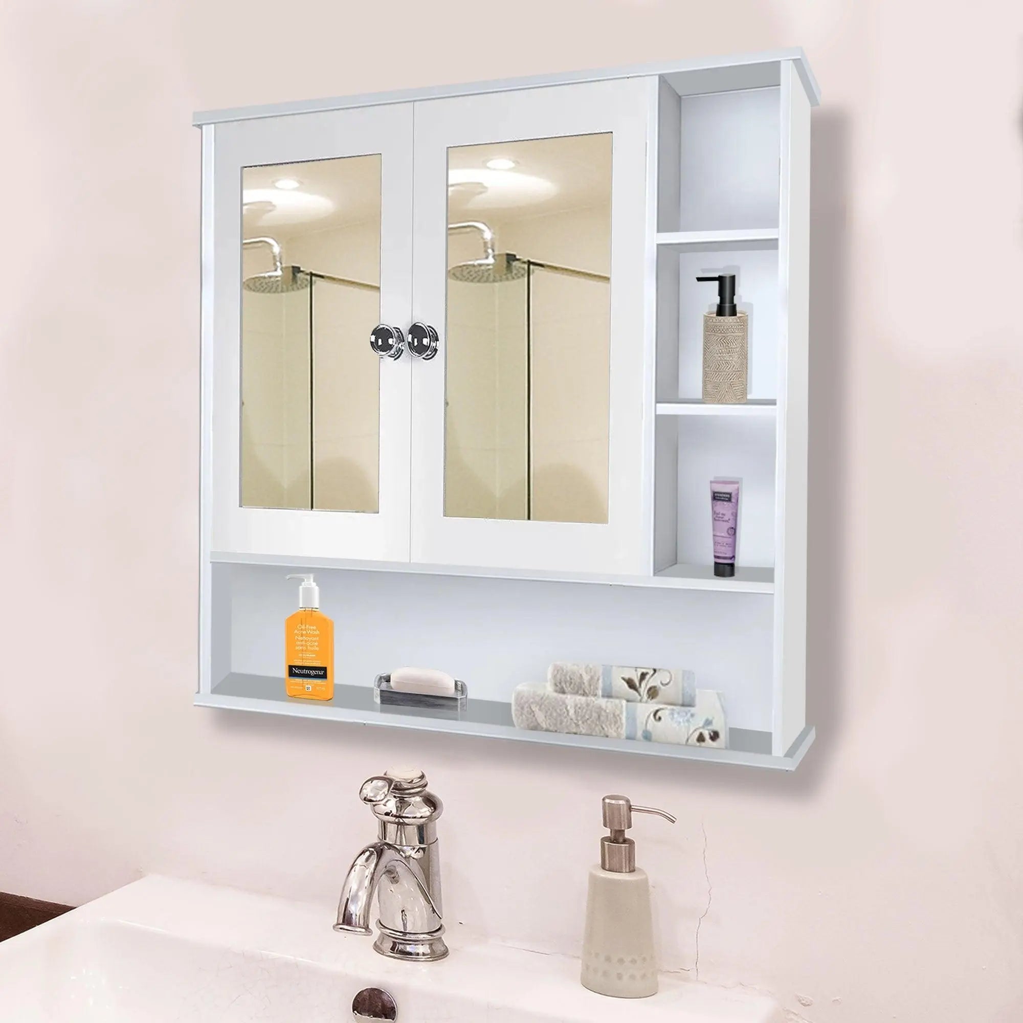 Premium Space Saving Bathroom Mirror Cabinet with 6 Spacious Shelves with Wooden White Finish - Decor Mantra 