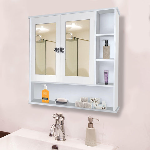 Premium Space Saving Bathroom Mirror Cabinet with 6 Spacious Shelves with Wooden White Finish - Decor Mantra 