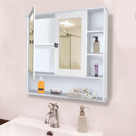Premium Space Saving Bathroom Mirror Cabinet with 6 Spacious Shelves with Wooden White Finish - Decor Mantra 