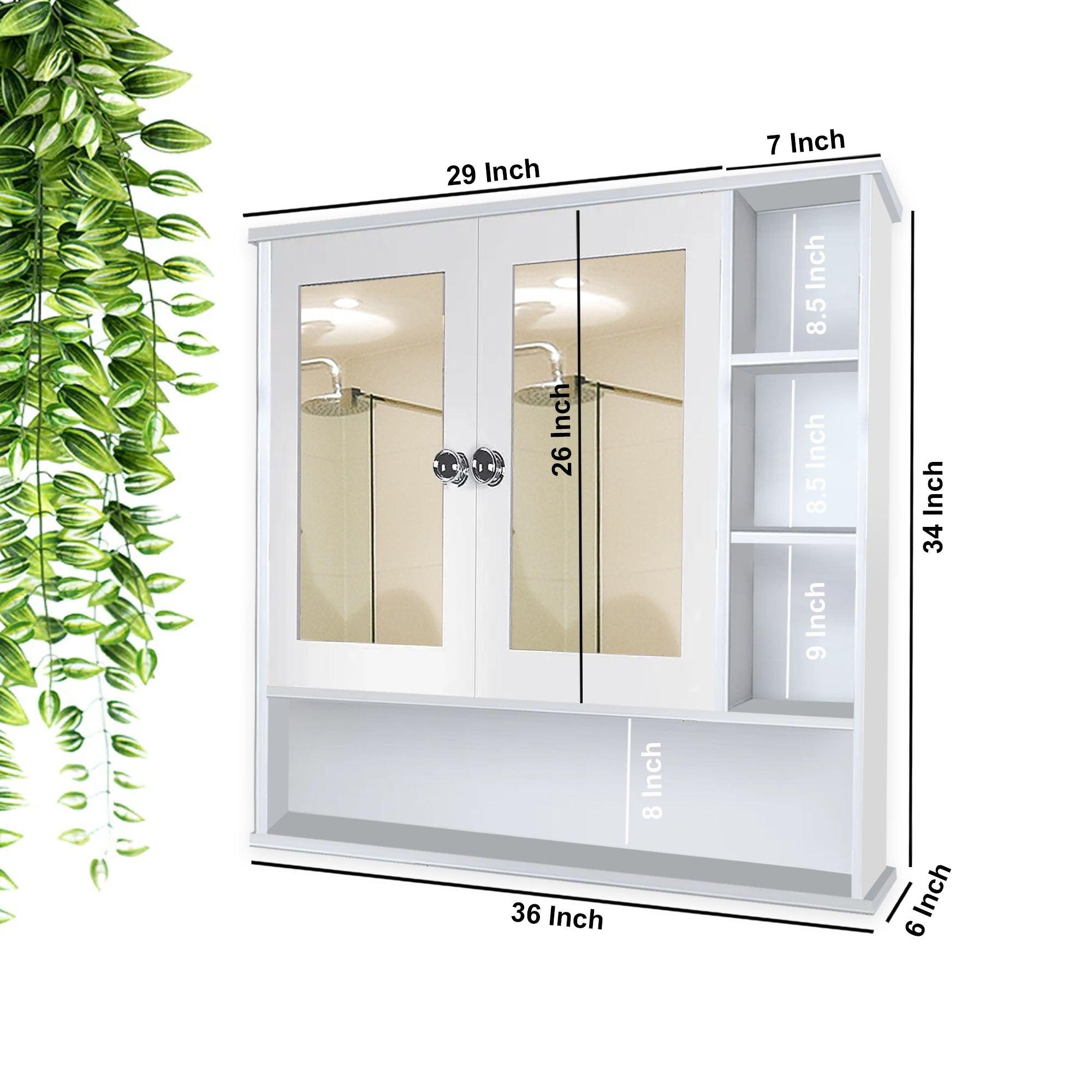 Premium Space Saving Bathroom Mirror Cabinet with 6 Spacious Shelves with Wooden White Finish - Decor Mantra 