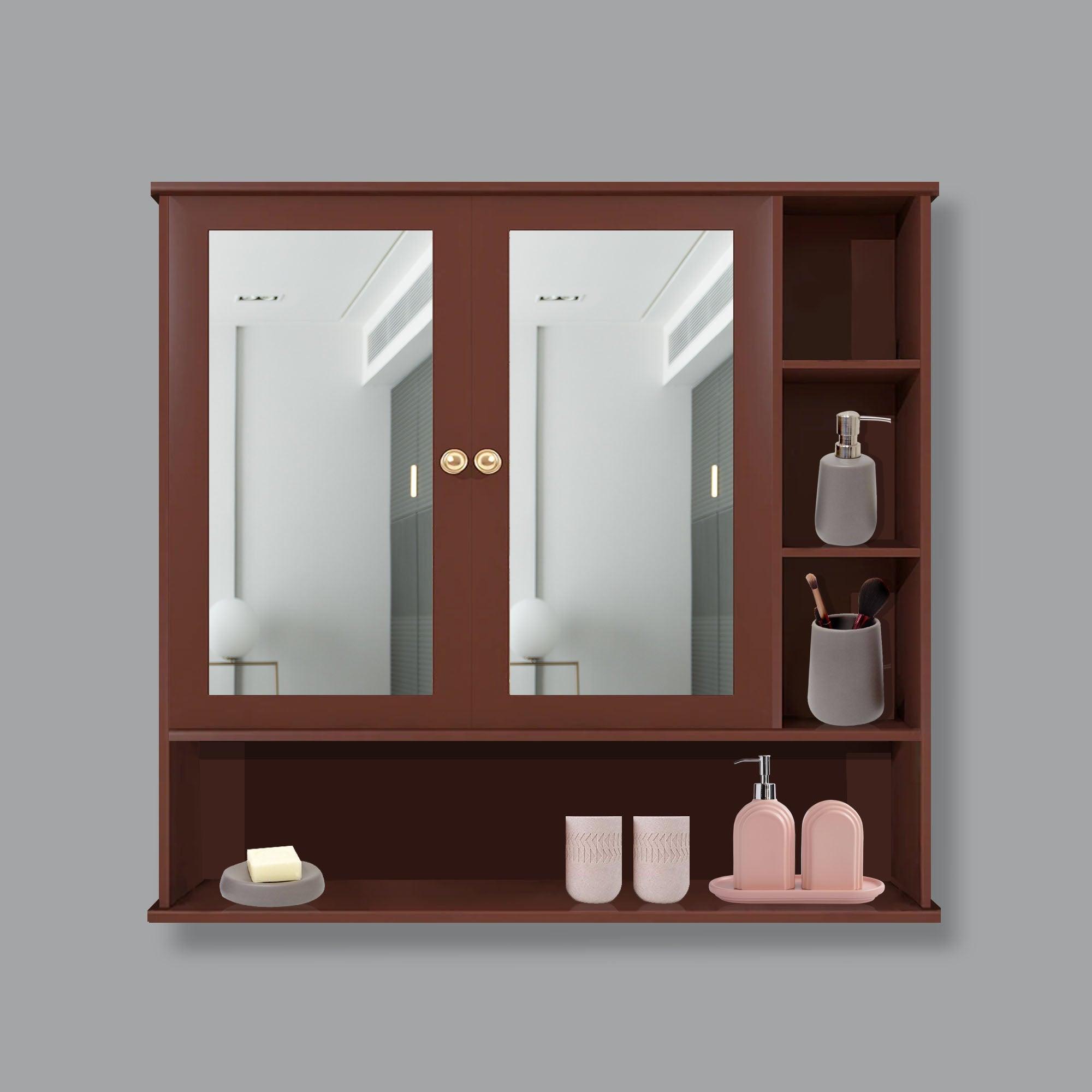 Premium Space Saving Bathroom Mirror Cabinet with 6 Spacious Shelves with Wooden Brown Finish - Decor Mantra 