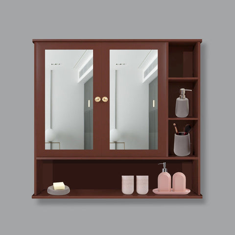 Premium Space Saving Bathroom Mirror Cabinet with 6 Spacious Shelves with Wooden Brown Finish - Decor Mantra 