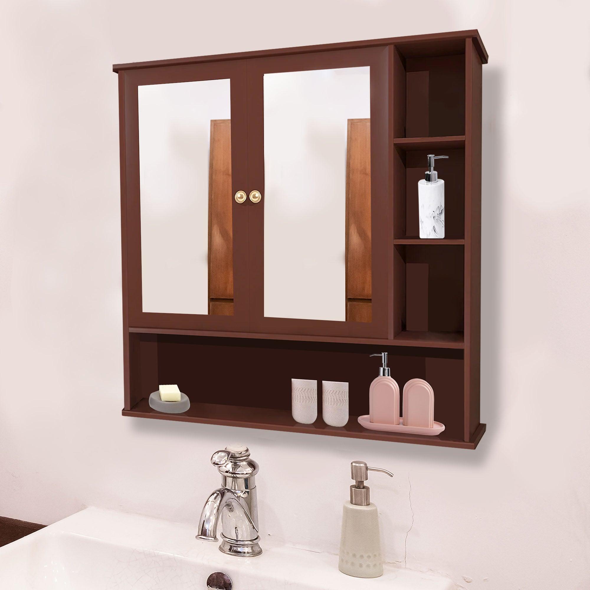 Premium Space Saving Bathroom Mirror Cabinet with 6 Spacious Shelves with Wooden Brown Finish - Decor Mantra 