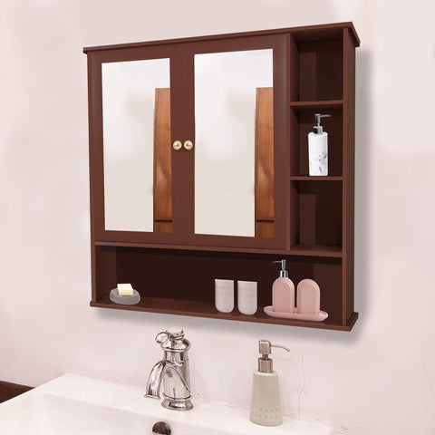Premium Space Saving Bathroom Mirror Cabinet with 6 Spacious Shelves with Wooden Brown Finish - Decor Mantra 