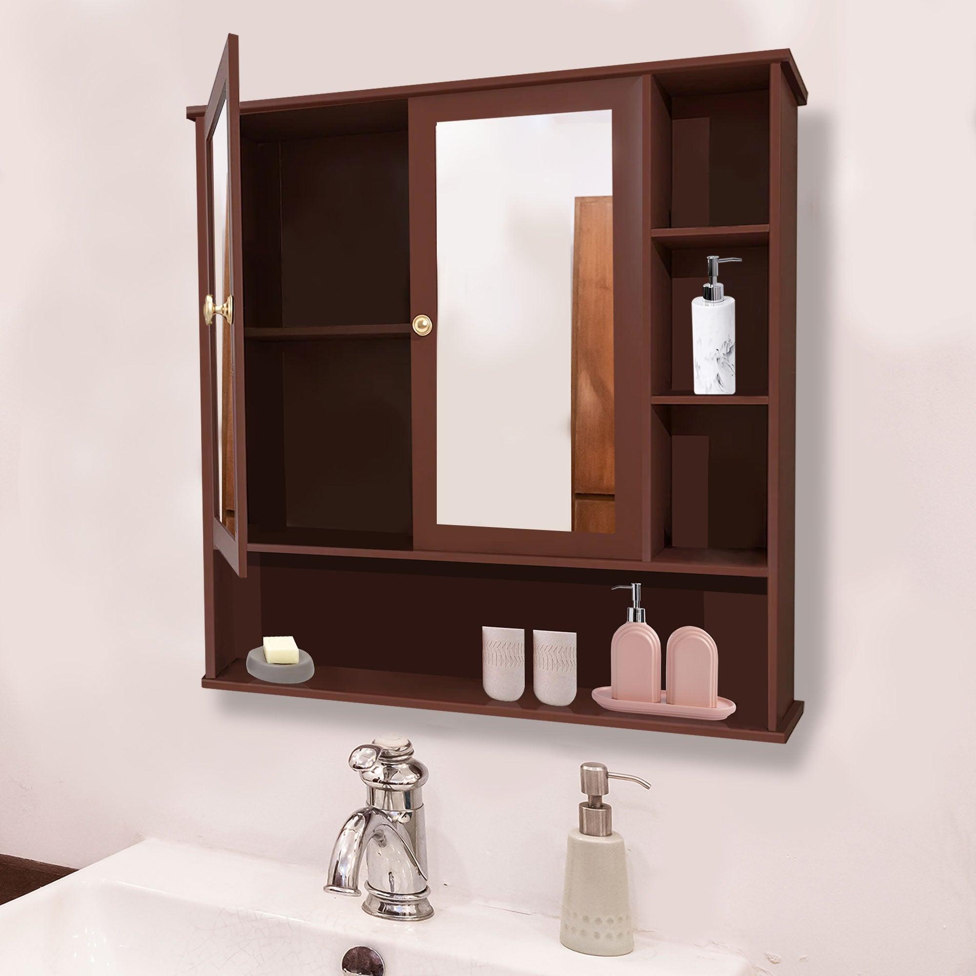 Premium Space Saving Bathroom Mirror Cabinet with 6 Spacious Shelves with Wooden Brown Finish - Decor Mantra 