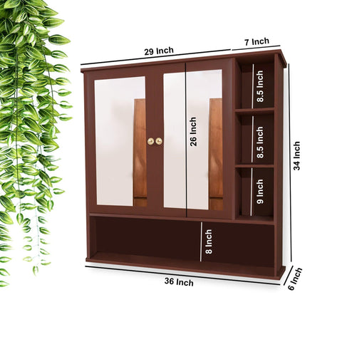 Premium Space Saving Bathroom Mirror Cabinet with 6 Spacious Shelves with Wooden Brown Finish - Decor Mantra 