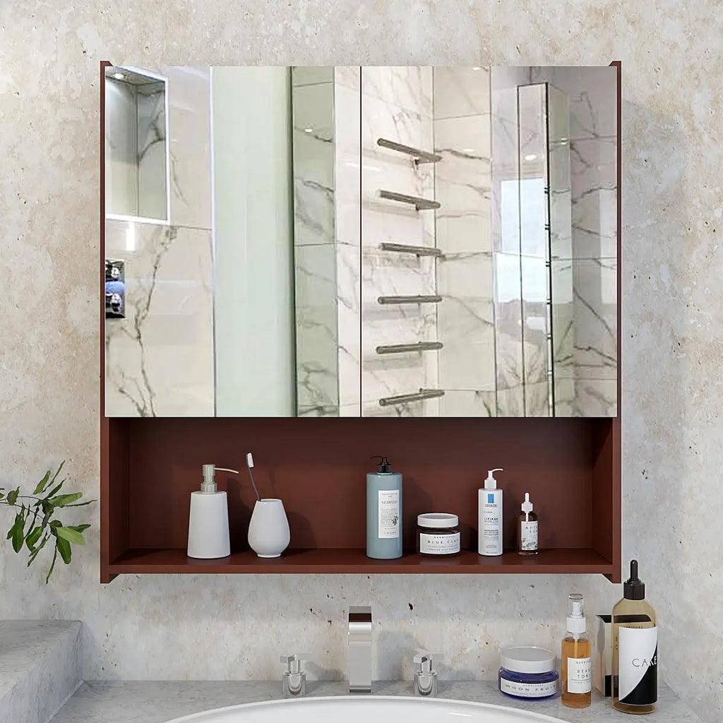 Beautiful Wooden Bathroom Organizer Cabinet with Mirror & 4 Spacious Shelves with Brown Finish - Decor Mantra 