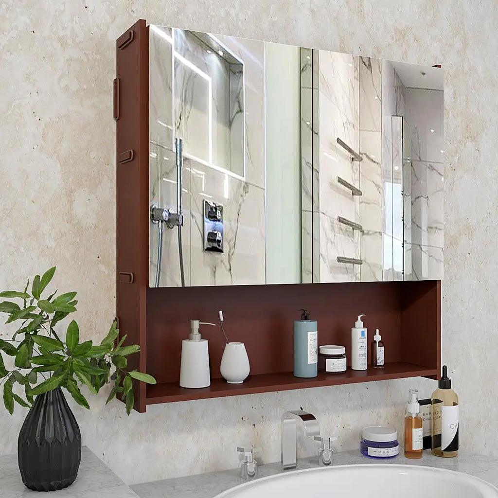 Beautiful Wooden Bathroom Organizer Cabinet with Mirror & 4 Spacious Shelves with Brown Finish - Decor Mantra 