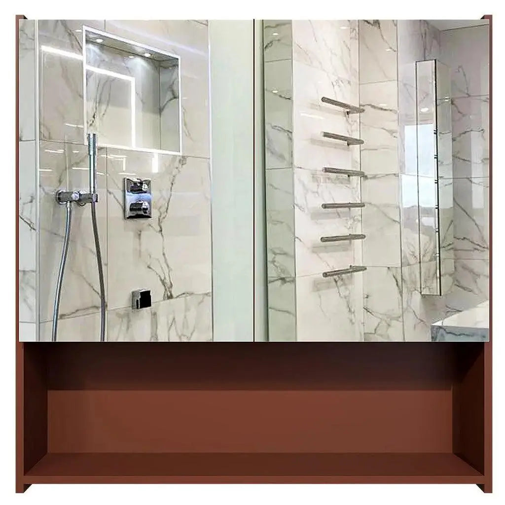 Beautiful Wooden Bathroom Organizer Cabinet with Mirror & 4 Spacious Shelves with Brown Finish - Decor Mantra 