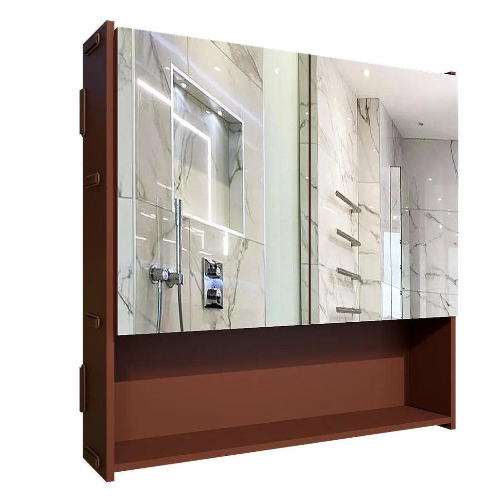 Beautiful Wooden Bathroom Organizer Cabinet with Mirror & 4 Spacious Shelves with Brown Finish - Decor Mantra 