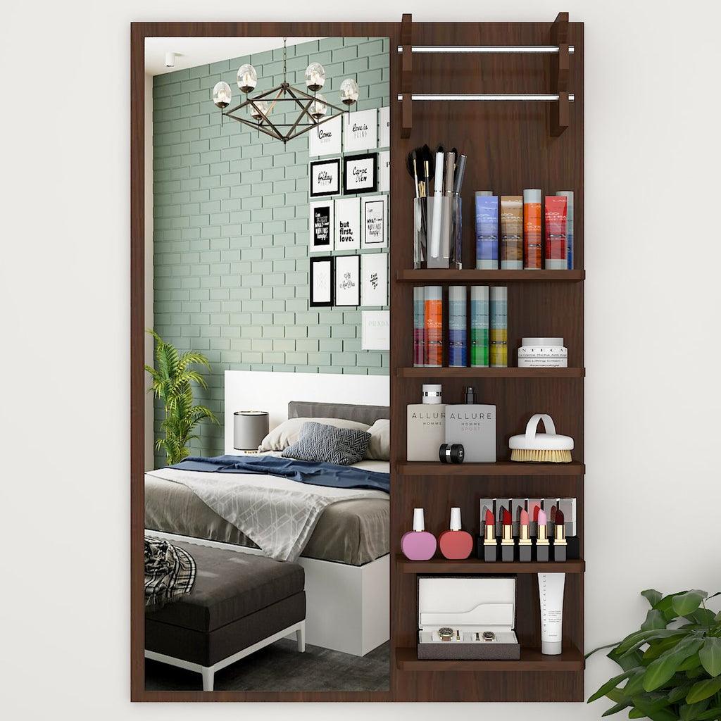 Beautiful Modern Dressing Mirror Shelves with Walnut Finish - Decor Mantra 