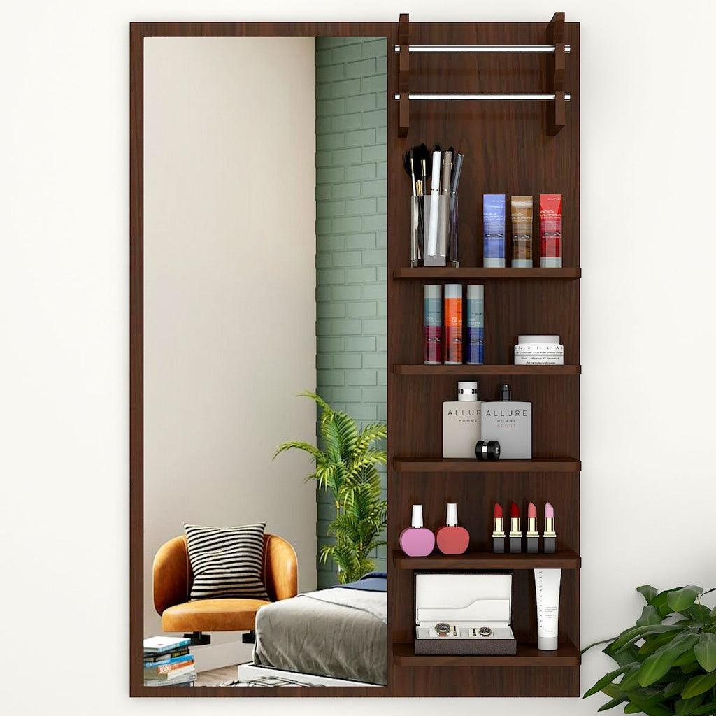 Beautiful Modern Dressing Mirror Shelves with Walnut Finish - Decor Mantra 
