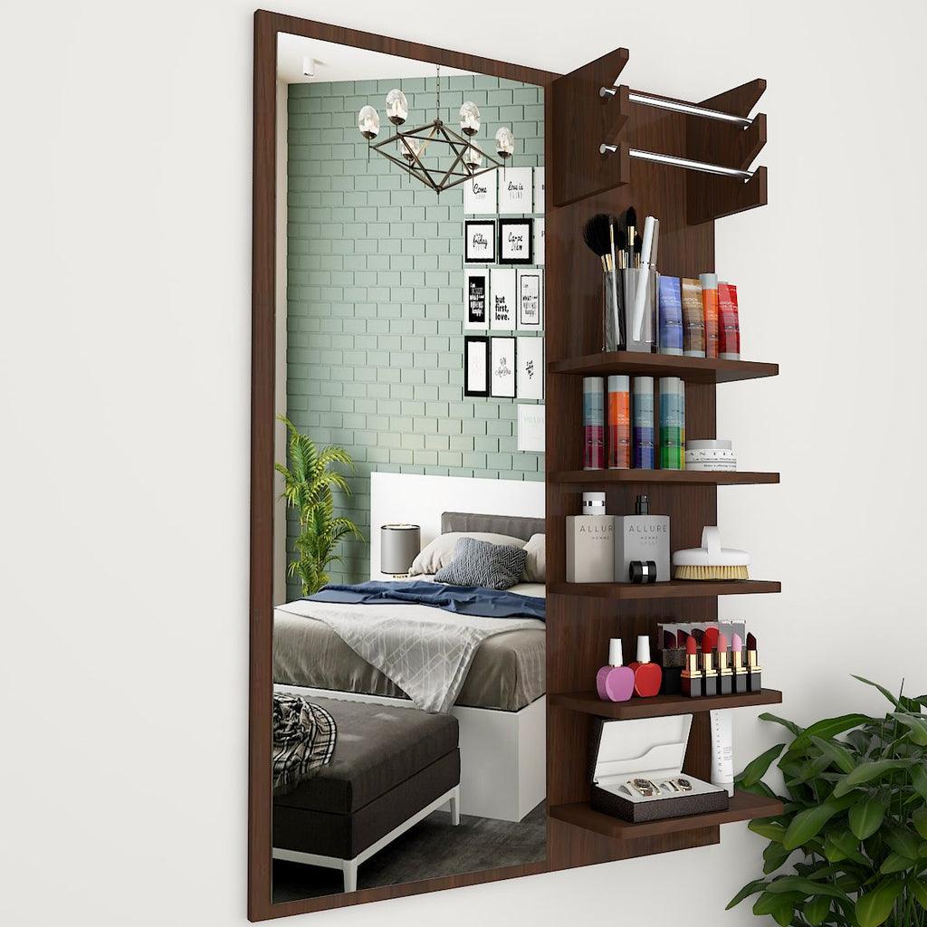 Beautiful Modern Dressing Mirror Shelves with Walnut Finish - Decor Mantra 