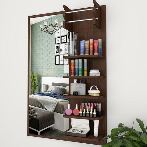 Beautiful Modern Dressing Mirror Shelves with Walnut Finish - Decor Mantra 