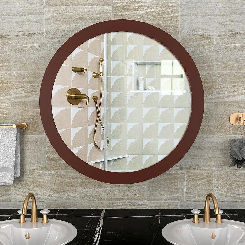 Modish Circular Shaped Wooden Bathroom Cabinet Mirror with 2 Spacious Shelves with Brown Finish - Decor Mantra 