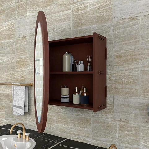 Modish Circular Shaped Wooden Bathroom Cabinet Mirror with 2 Spacious Shelves with Brown Finish - Decor Mantra 