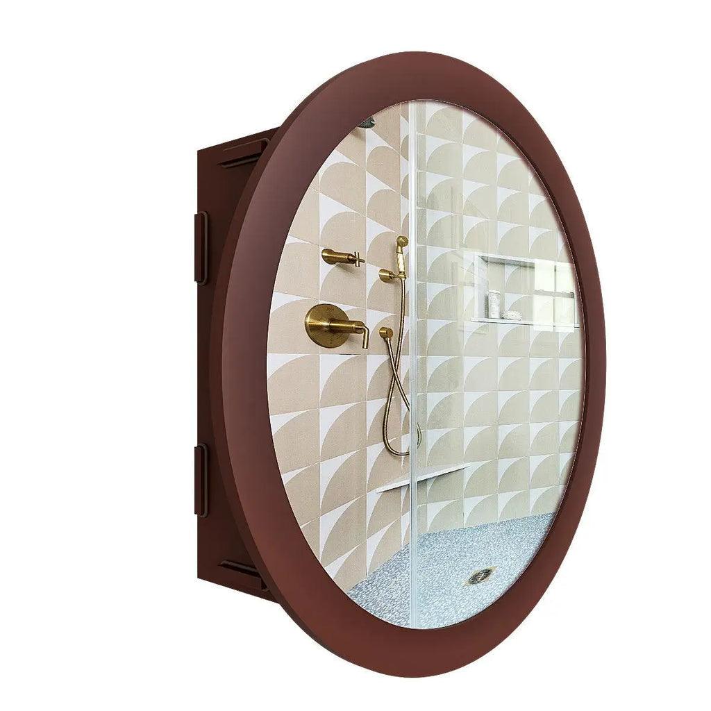 Modish Circular Shaped Wooden Bathroom Cabinet Mirror with 2 Spacious Shelves with Brown Finish - Decor Mantra 