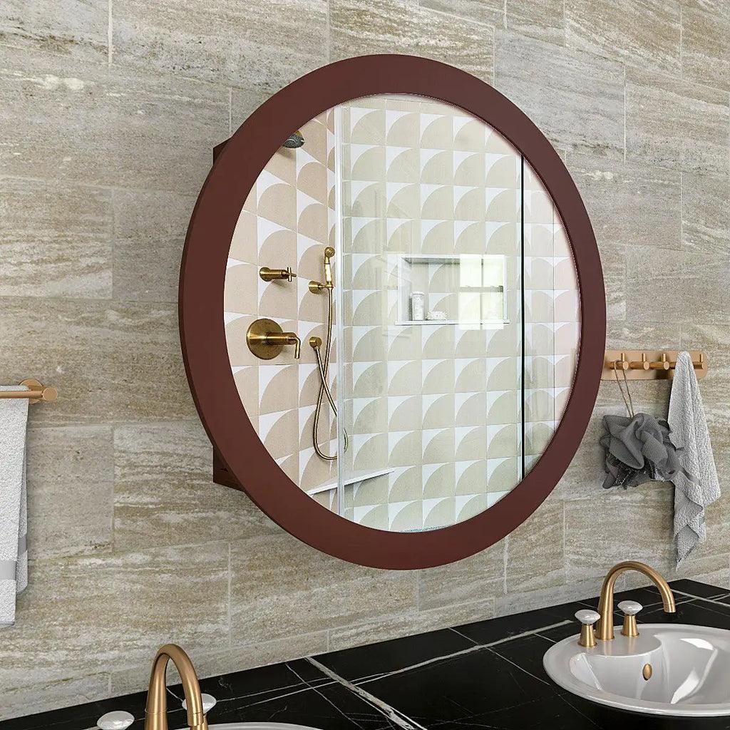 Modish Circular Shaped Wooden Bathroom Cabinet Mirror with 2 Spacious Shelves with Brown Finish - Decor Mantra 