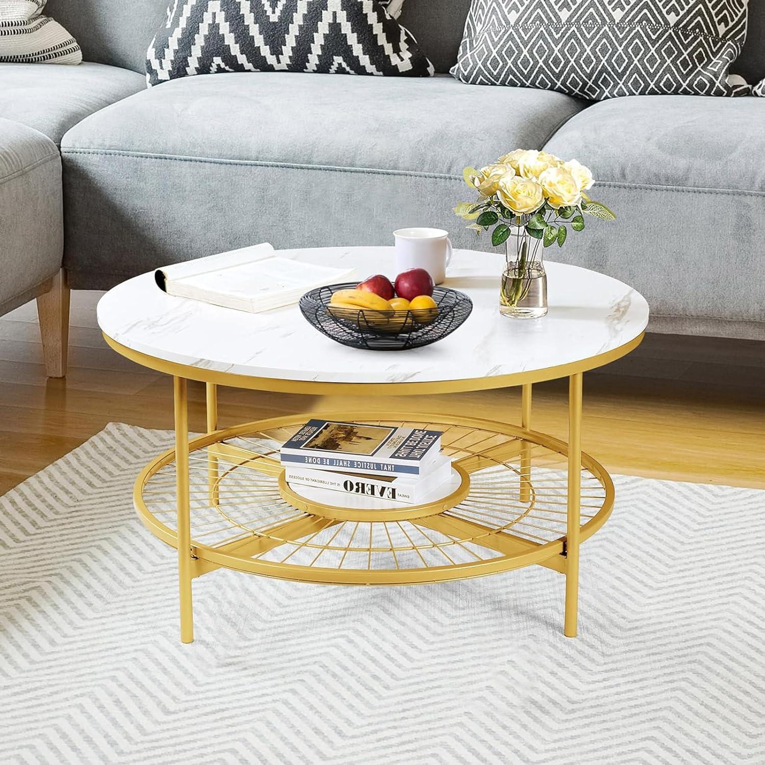 Designer Round Modern Center Table with White Marble Golden Metal Finish - Decor Mantra 