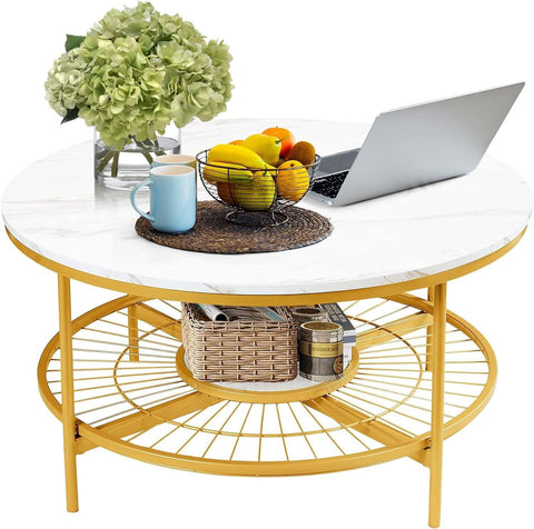Designer Round Modern Center Table with White Marble Golden Metal Finish - Decor Mantra 