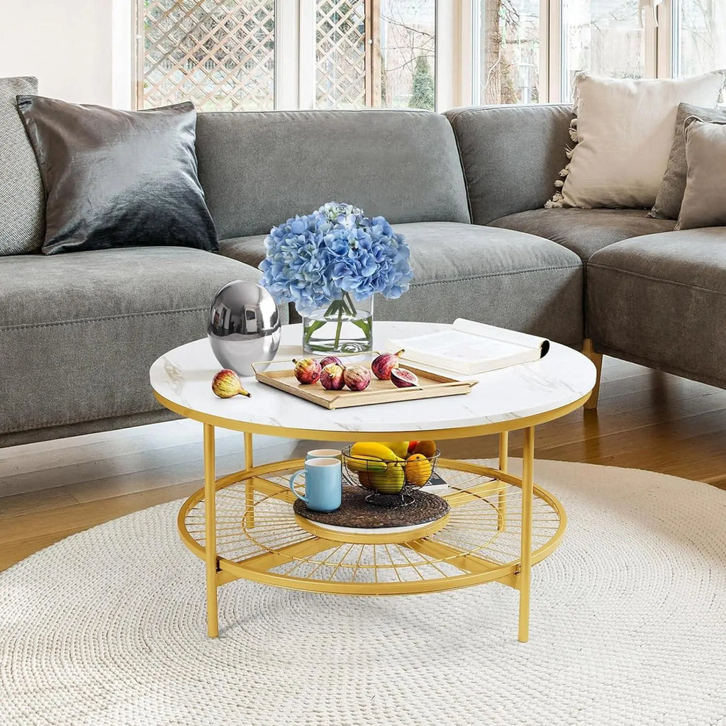 Designer Round Modern Center Table with White Marble Golden Metal Finish - Decor Mantra 