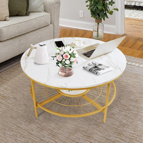 Designer Round Modern Center Table with White Marble Golden Metal Finish - Decor Mantra 