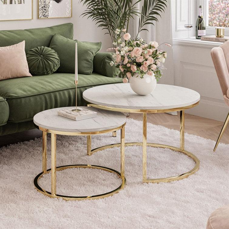 Round White Marble Coffee Tables with Iron Bases, Set of 2 - Decor Mantra 