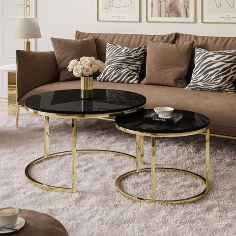 Round Black Marble Coffee Tables with Iron Bases, Set of 2 - Decor Mantra 