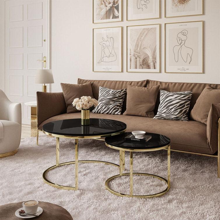 Round Black Marble Coffee Tables with Iron Bases, Set of 2 - Decor Mantra 