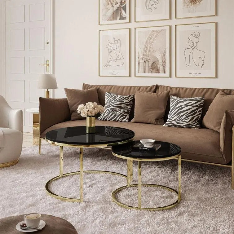 Round Black Marble Coffee Tables with Iron Bases, Set of 2 - Decor Mantra 