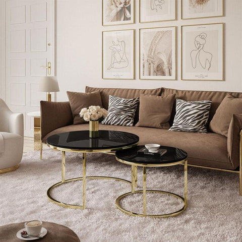 Round Black Marble Coffee Tables with Iron Bases, Set of 2 - Decor Mantra 