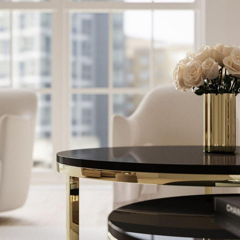 Round Black Marble Coffee Tables with Iron Bases, Set of 2 - Decor Mantra 