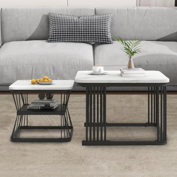 Classic White Marble Table Duo with Metallic Tethered Detailing - Decor Mantra 