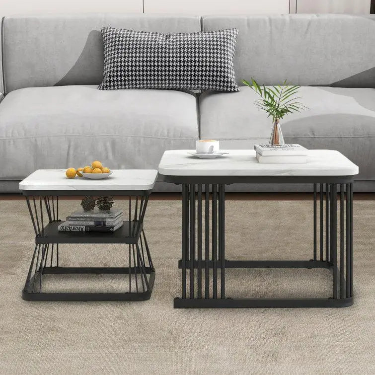 Classic White Marble Table Duo with Metallic Tethered Detailing - Decor Mantra 