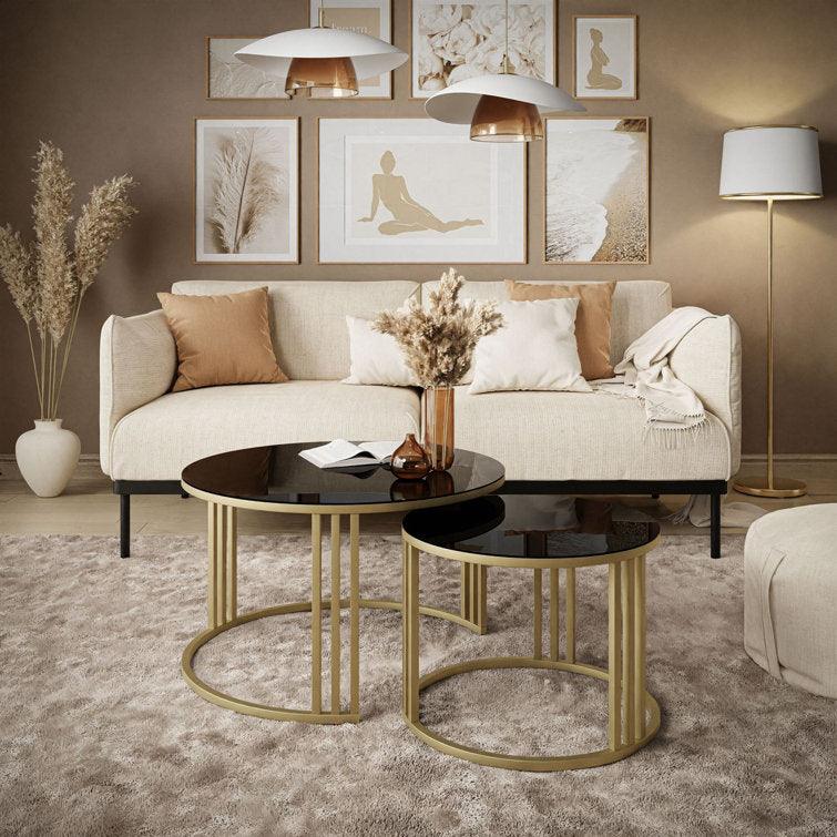 Set of 2 Tables with Luxurious Golden Caged Frames and Black Marble Tops - Decor Mantra 