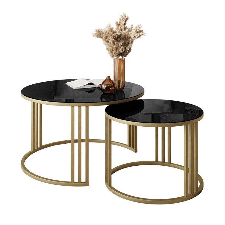 Set of 2 Tables with Luxurious Golden Caged Frames and Black Marble Tops - Decor Mantra 