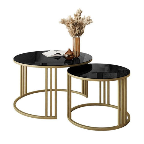 Set of 2 Tables with Luxurious Golden Caged Frames and Black Marble Tops - Decor Mantra 