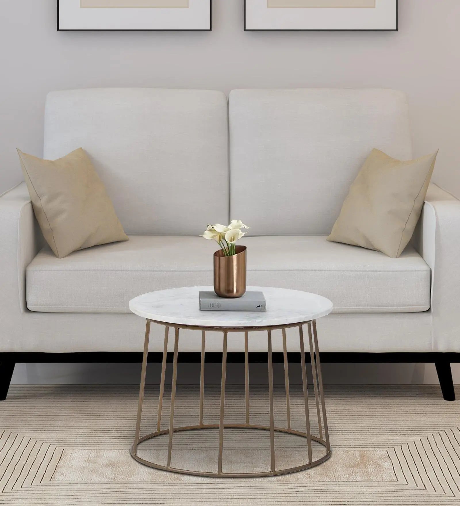 Round Coffee Table with Brass Finish and Marble Top - Decor Mantra 