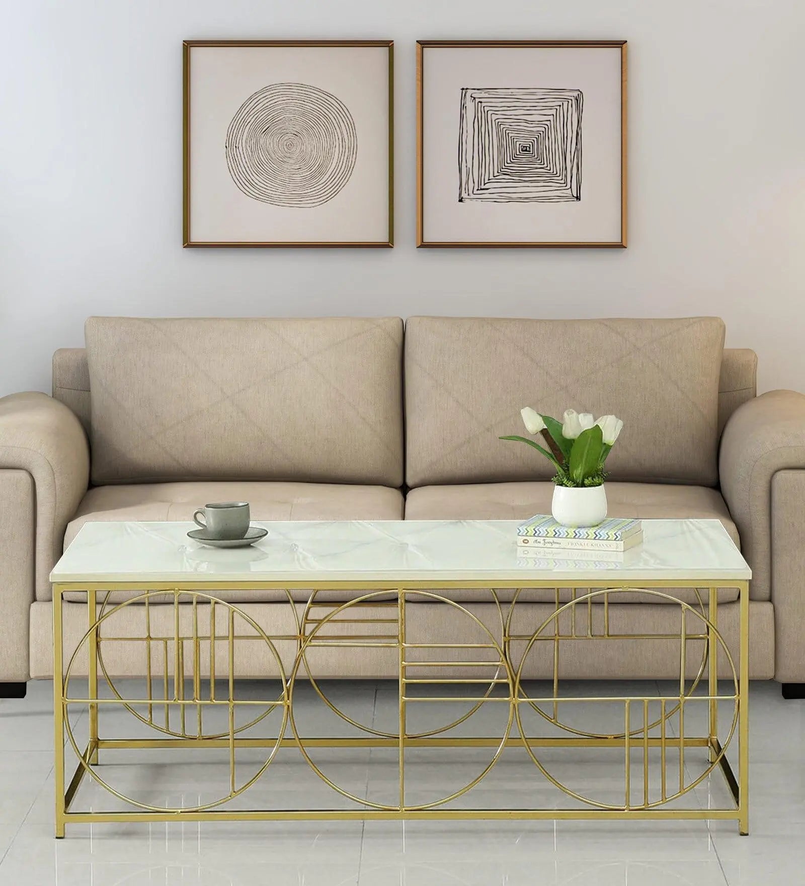 Coffee Table Featuring a Porcelain Top and Matte Gold Finish - Decor Mantra 