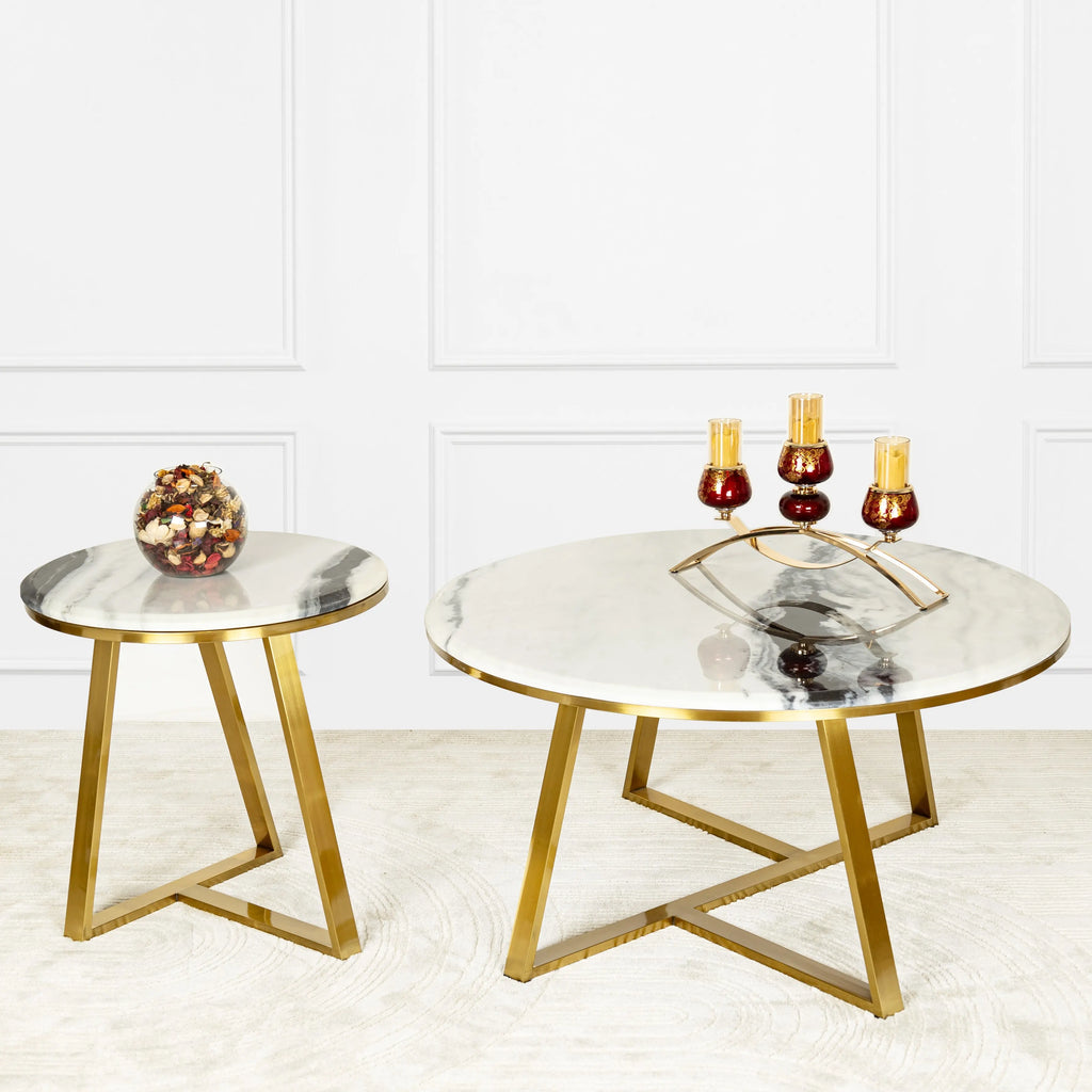 Four-Leg Coffee Table with Gold Detailing & Three-Legged Gold Accent Table DECORMANTRA